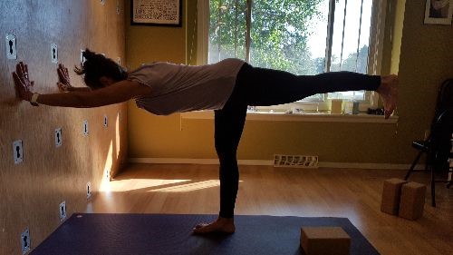 Warrior III pose, Janet Golownia, PurBalance Yoga Therapy